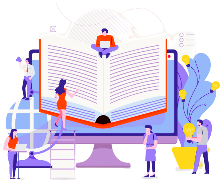 Illustration of people engaging with a large open book on a computer screen.
