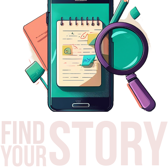 Find your story workshop service graphic Text on a pink background: "Find Your Story" with a magnifying glass and note pad graphic.
