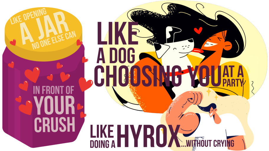 A cartoonish jar with hearts and text about love and fitness, featuring a woman with a dog.