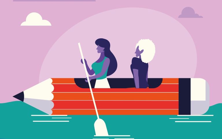 A woman and a cat paddling in a large pencil boat on a calm sea.