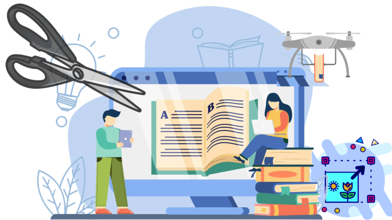A laptop displaying an open book, with a person reading, scissors, books, and a drone.