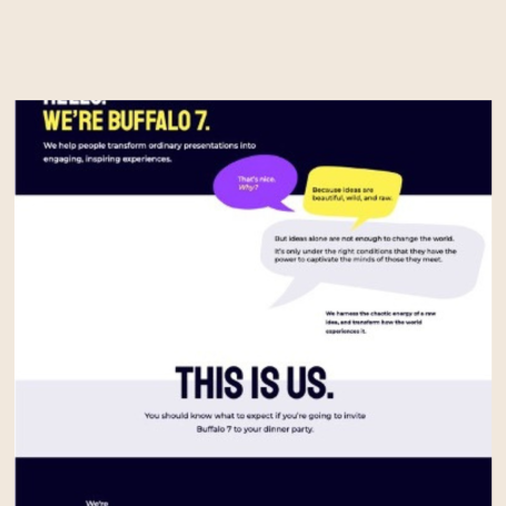 Website section introducing Buffalo 7 with dialogue boxes and a description of their services.