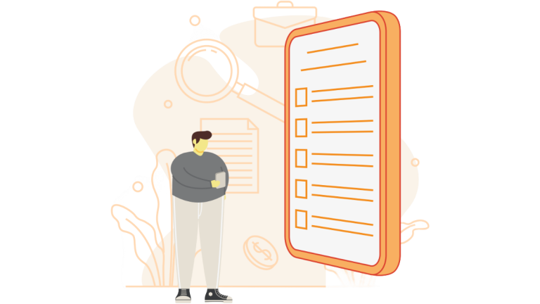 A person stands beside a large checklist with empty boxes on it.
