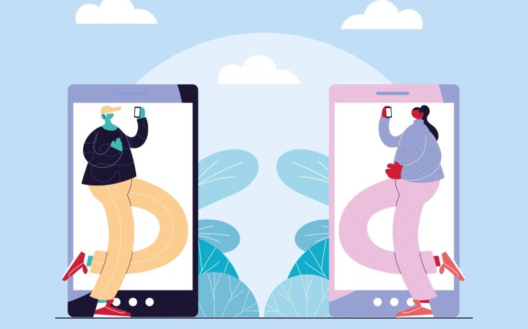 Two people interacting via large smartphone screens, set against a light blue background.