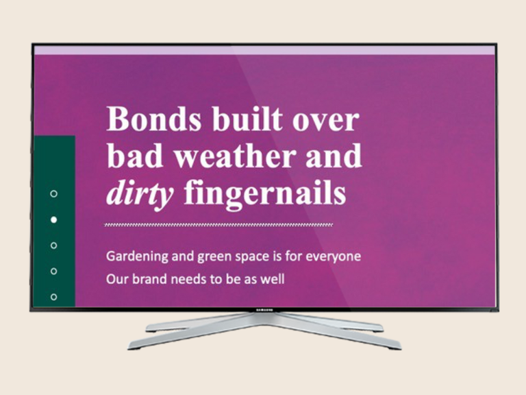 Text on a screen promoting gardening and the importance of green spaces for everyone.