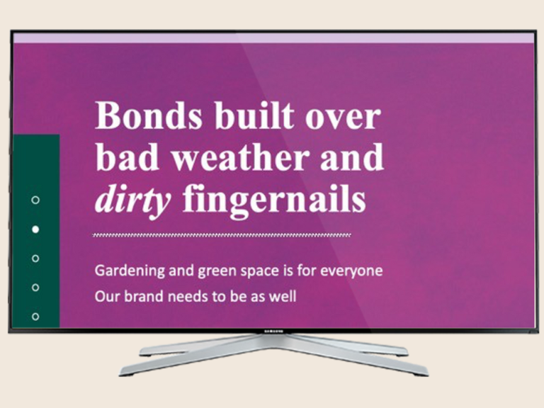 Text on a screen promoting gardening and the importance of green spaces for everyone.