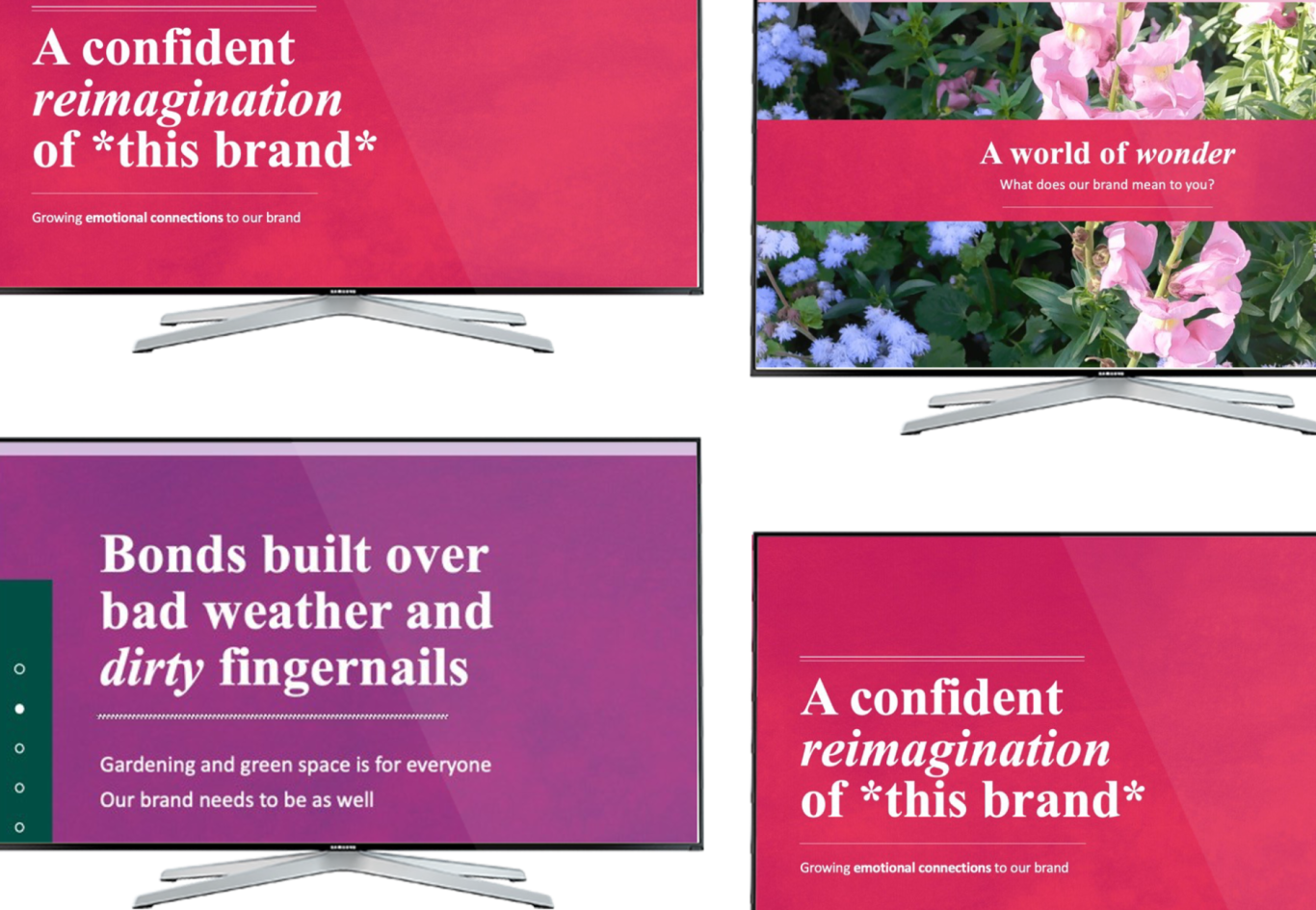 Three slides featuring pink backgrounds with bold text and a floral image showcasing internal employee engagement presentations