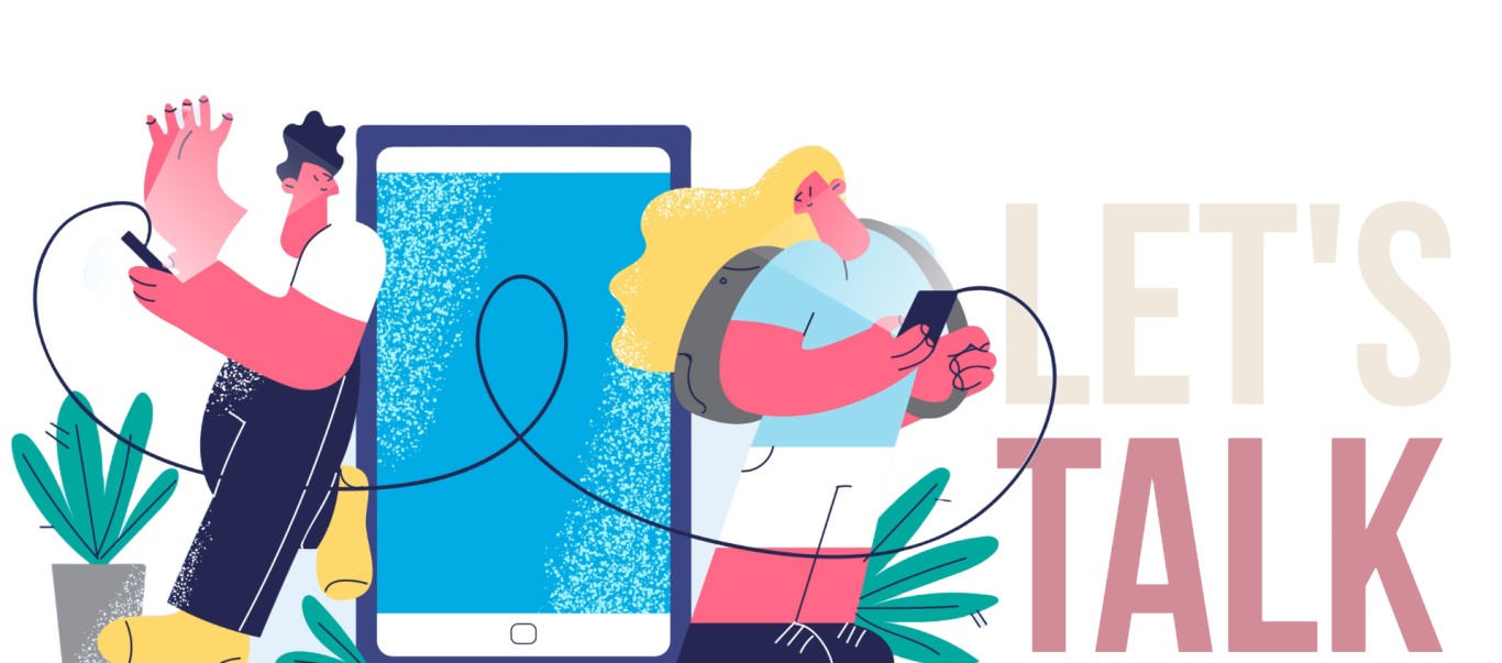 let's talk A cartoon phone with a person talking, accompanied by the text "LET'S TALK".