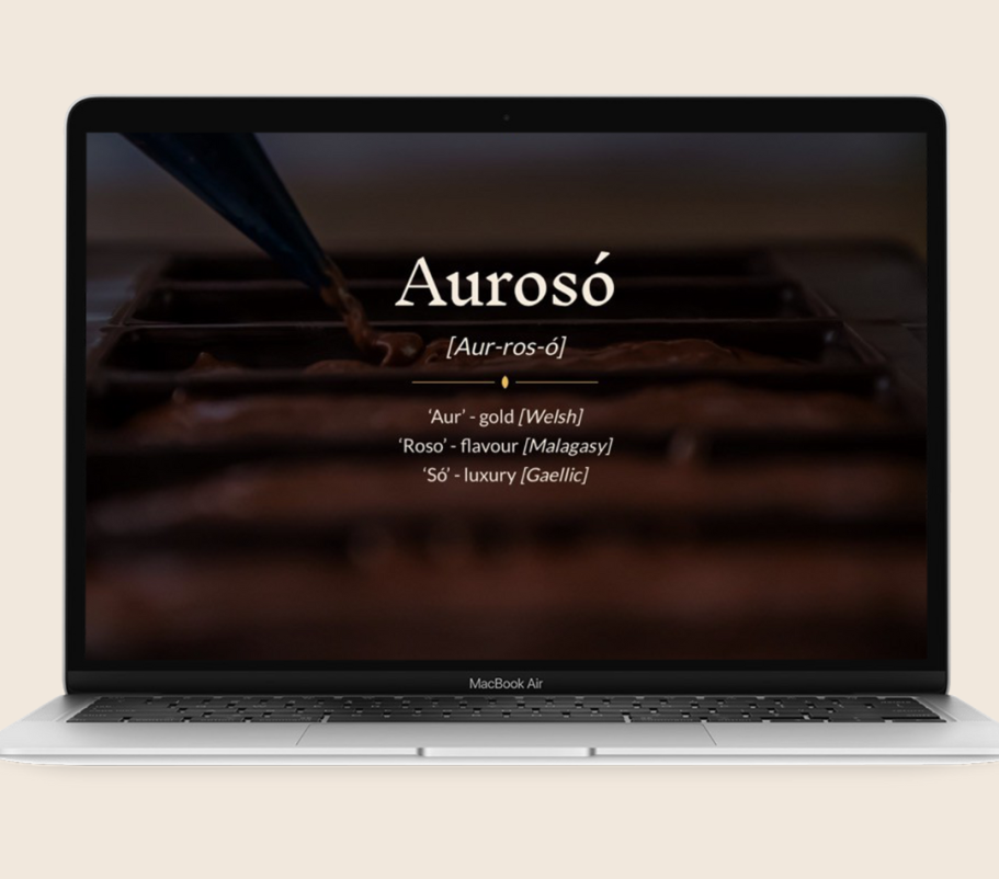 showcasing a conference presentation case study example 2 Laptop displaying the website "Aurosó" with a chocolate process image showcasing a conference presentation case study example