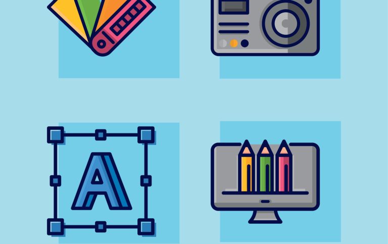 Four icons representing design tools: colour palette, camera, text editing, and computer with pencils.