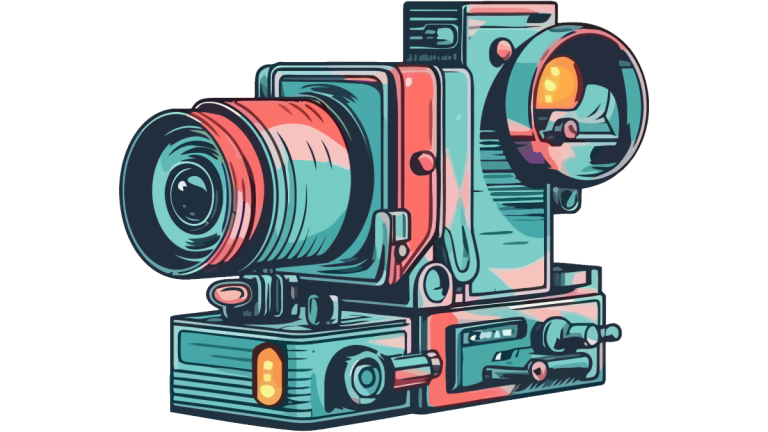 Stylised illustration of a vintage camera in teal and pink colours.