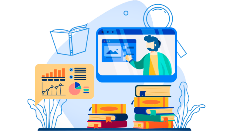 A person presenting data analytics with charts and books in a study environment.