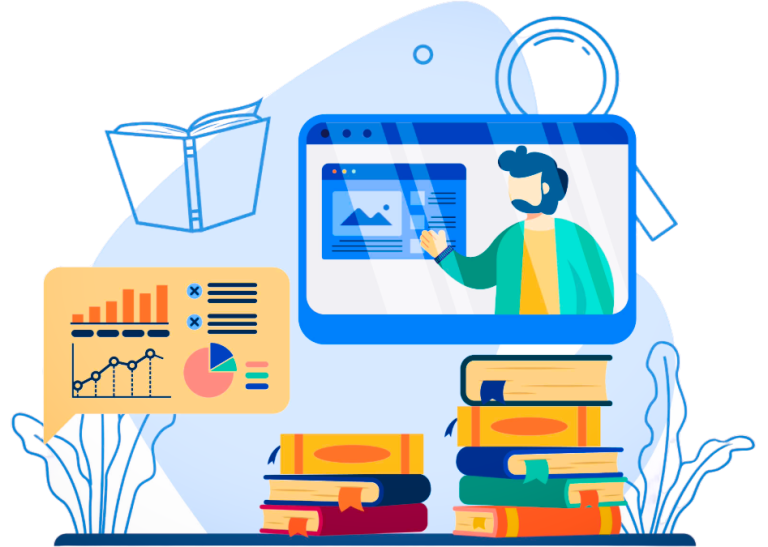 A person presenting data on a computer screen with books and charts around.