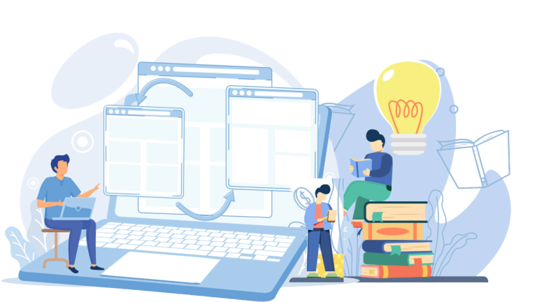 Person working on a laptop beside books and a child, with lightbulb ideas above.