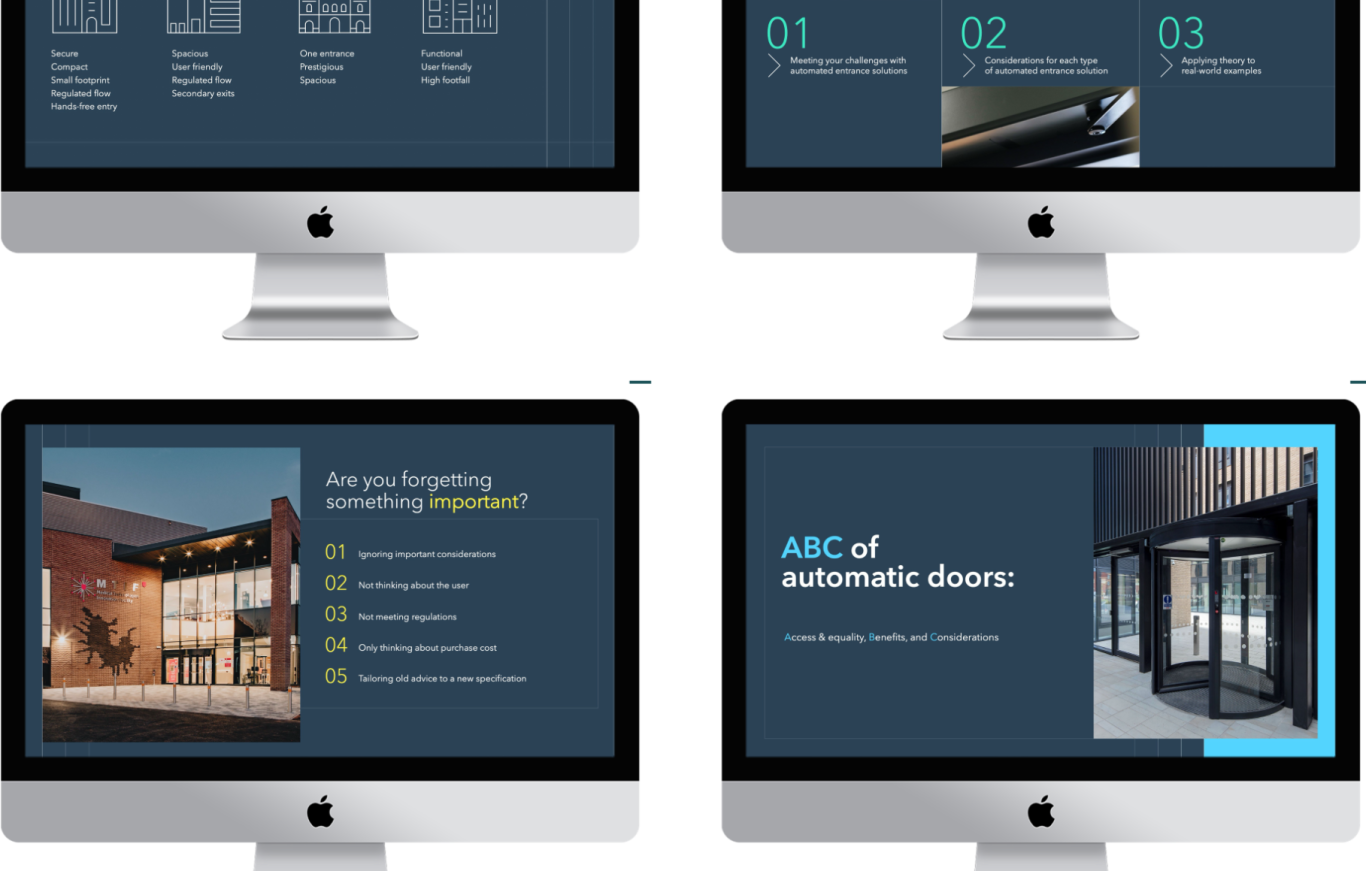 Screens displaying information about automatic doors and their features showcasing CPD presentation case study example