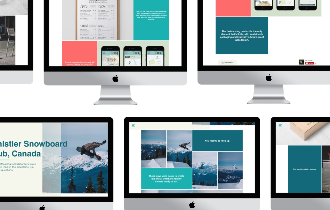 Computer screens displaying various portfolio presentation design layouts and mobile mockups.