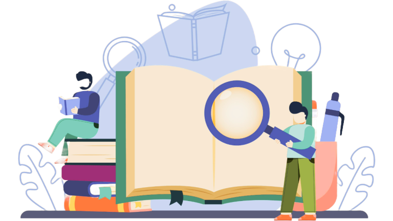 Open book with a magnifying glass, surrounded by people reading and study-related items.