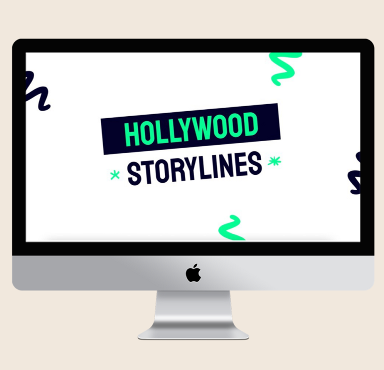 showcasing an animated video story case study example 2 Text on a computer screen displaying "Hollywood Storylines" in a vibrant design showcasing an animated video story case study example