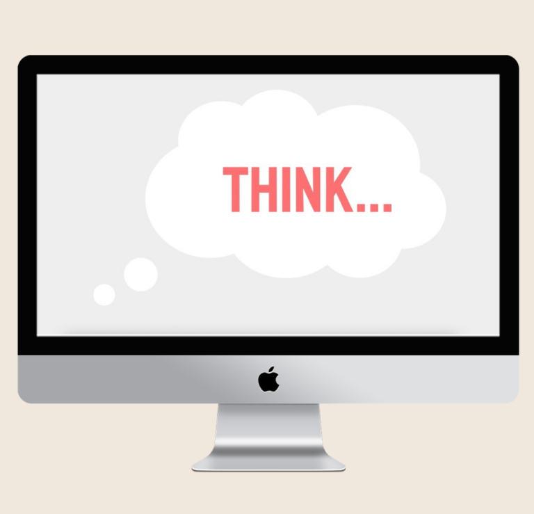 showcasing an animated video story case study example 1 A computer monitor displaying the word "THINK..." in a speech bubble showcasing an animated video story case study example