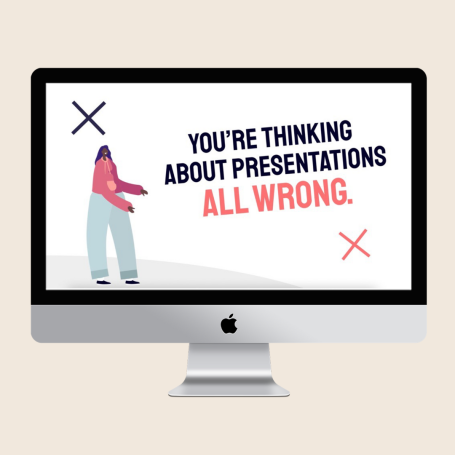 A computer monitor displaying text about rethinking presentations.