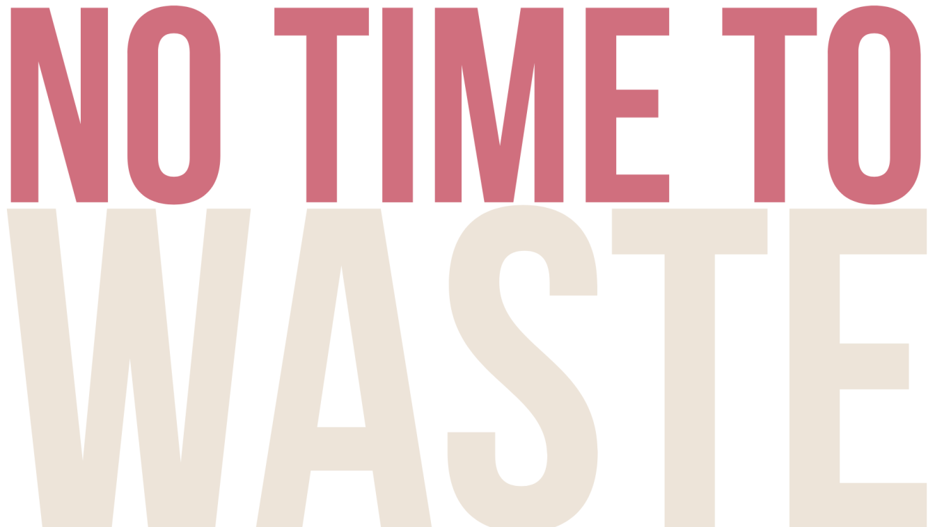 Text: "No time to waste" in bold, stylised typography on a deep purple background.