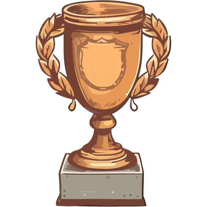 Gold trophy on a decorative base with laurel leaves.