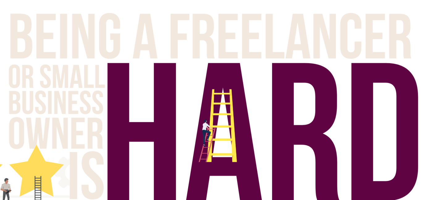 small business owner Text displaying "Being a freelancer or small business owner is hard" with a ladder and star graphic.