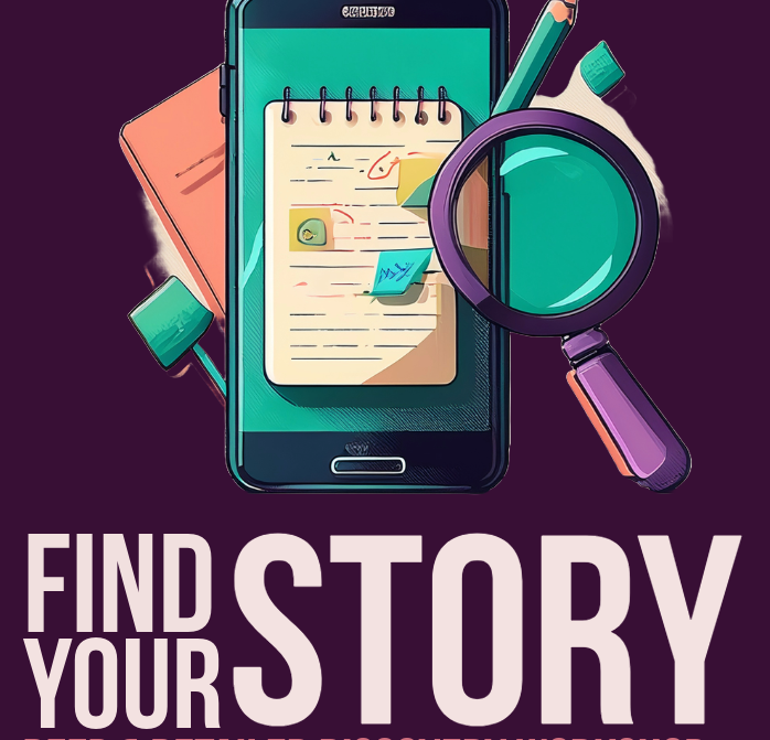 Smartphone with a notepad and magnifying glass, promoting a story discovery workshop.