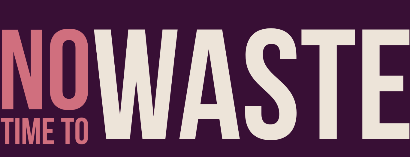 Text: "No time to waste" in bold, stylised typography on a deep purple background.