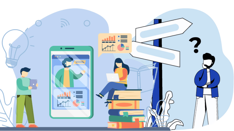 People interacting with technology and books, with signposts indicating choices.