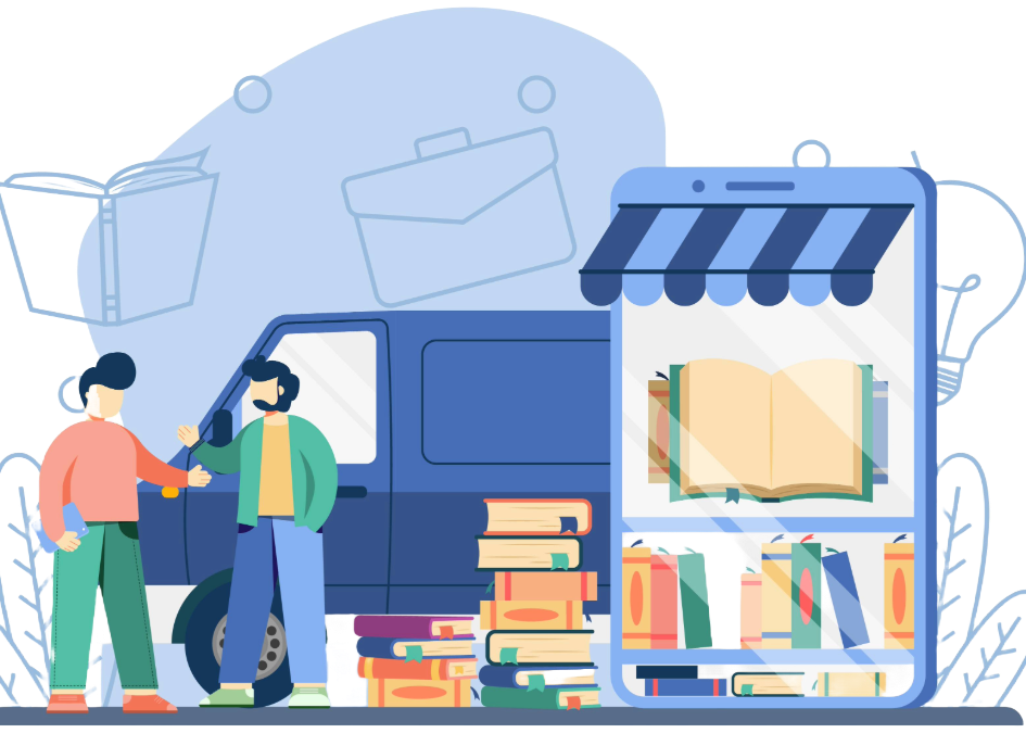 Two people shake hands next to a van loaded with books and a mobile shop interface.