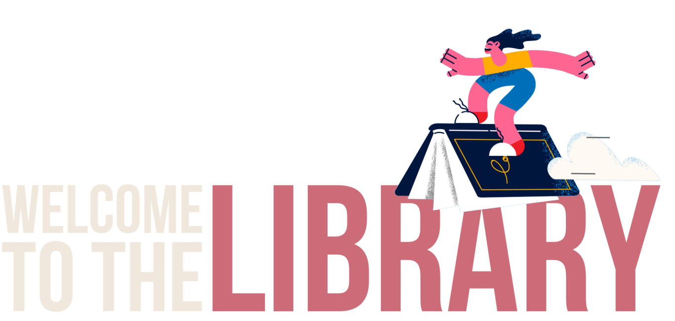 library Text reads "Welcome to the Library" beside illustrated books on a shelf.