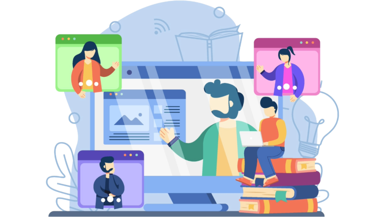 Person interacting with computer, featuring multiple online participants in colourful boxes.
