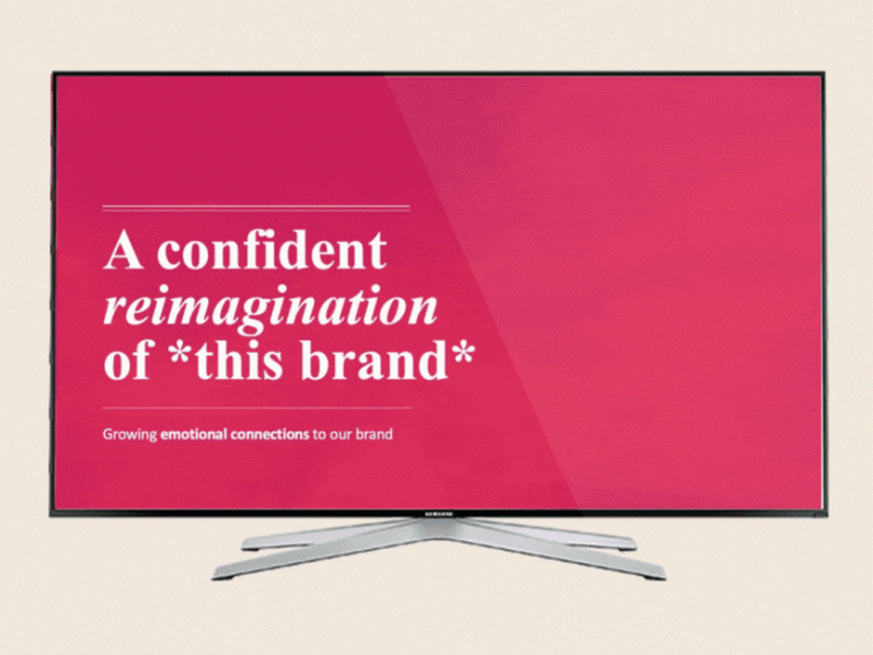showcasing internal employee engagement presentations 2 Television displaying the text: "A confident reimagination of *this brand*."showcasing internal employee engagement presentations