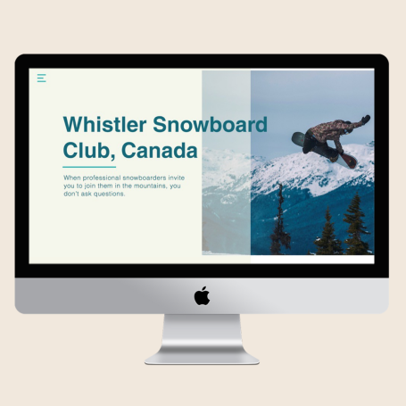 A snowboarder mid-air with snowy mountains in the background, promoting Whistler Snowboard Club.