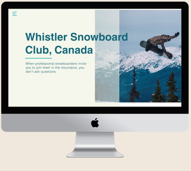 Snowboarder mid-air over snowy mountains with a club logo for Whistler Snowboard Club, Canada.