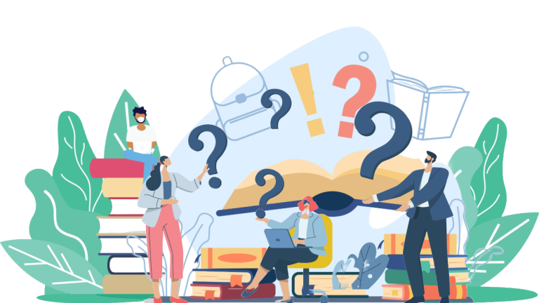 A group of people engaged in discussion surrounded by question marks and books.