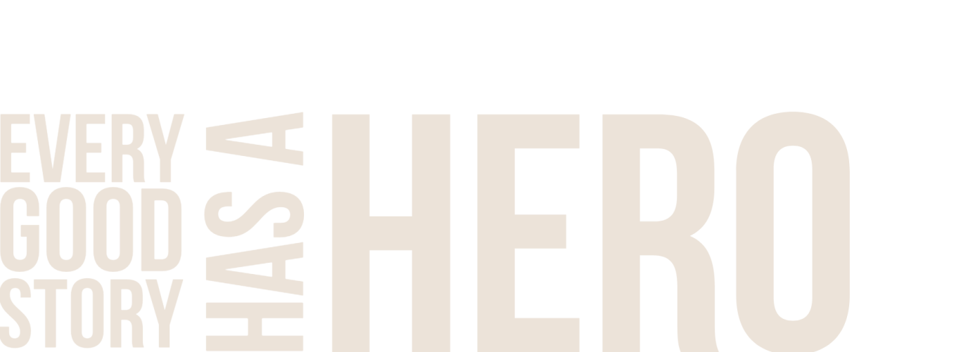 story Text: "Every good story has a hero" alongside a superhero character and an open book.
