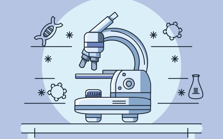 Illustration of a microscope surrounded by scientific icons and lab equipment.